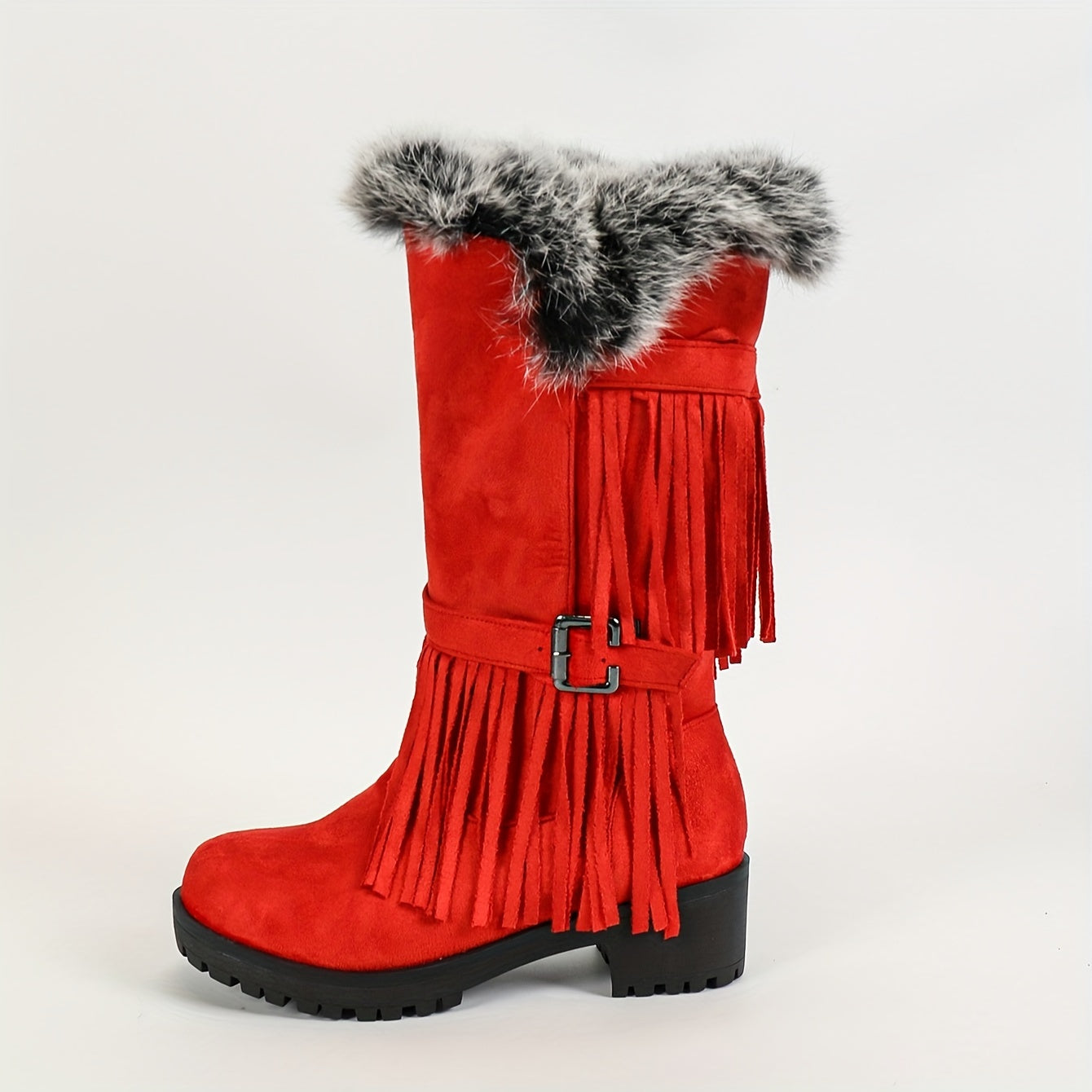 Женские зимние сапоги до середины икры с искусственным мехом, бахромой, в стиле combat, на slip-on, с круглым носком