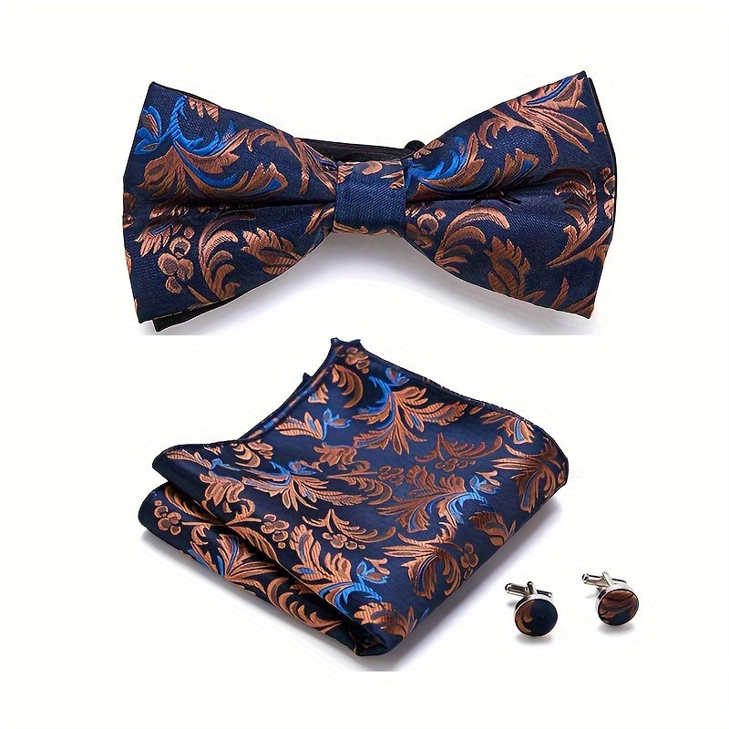 Men's Blue Polyester Tie and Pocket Square Set Floral Pattern for Formal Events