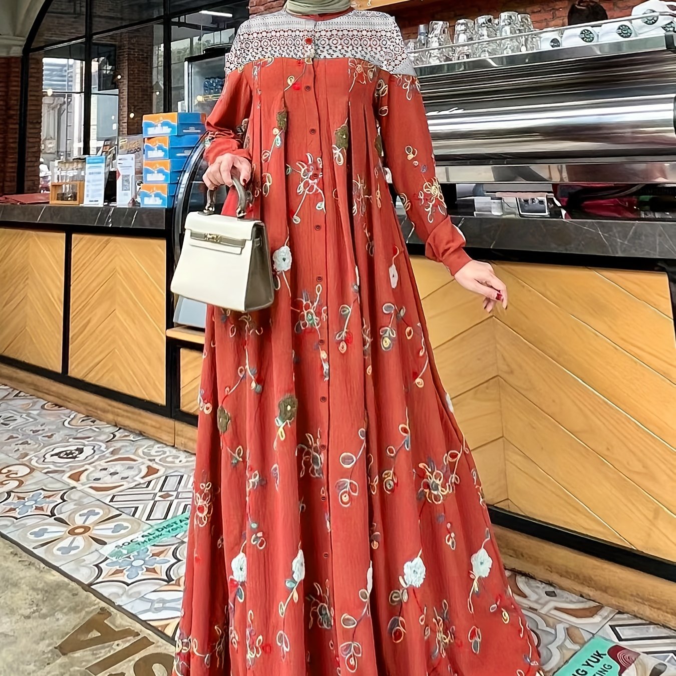 Women's Ramadan Floral Print Kaftan Abaya Casual Long Sleeve Woven Polyester