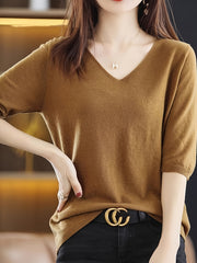 Women's V-Neck Sweater Solid Color Half Sleeve Knit Top for Spring Fall