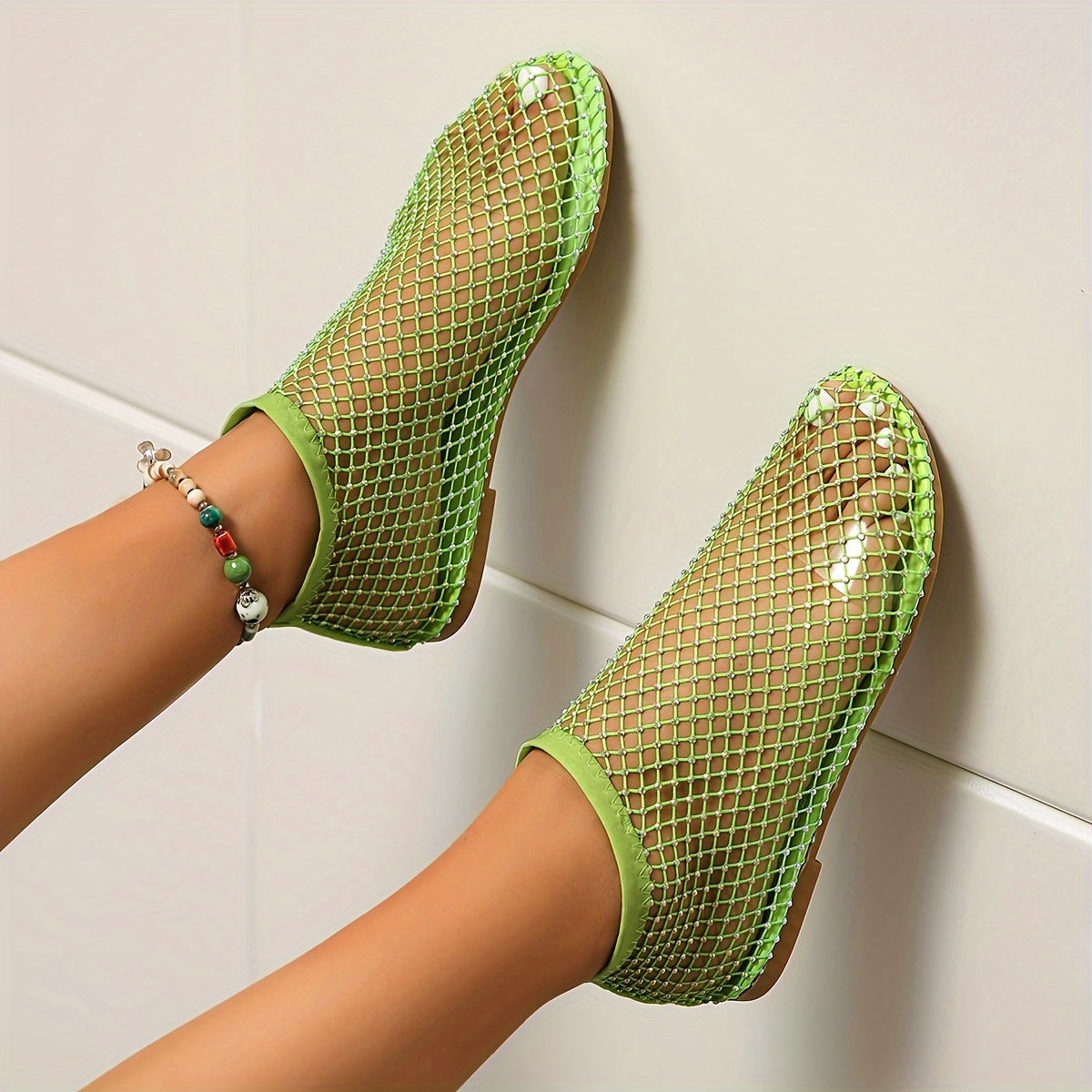 Women's Mesh Rhinestone Flat Sandals with Elastic Band and Cut-Out Design