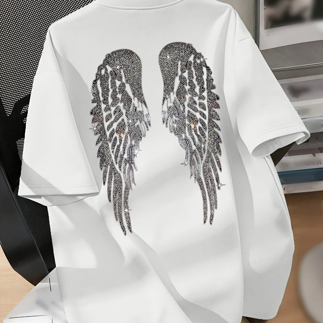 White Graphic T-Shirt for Women with Angel Wings Design Casual Crew Neck Short Sleeve Polyester Blend
