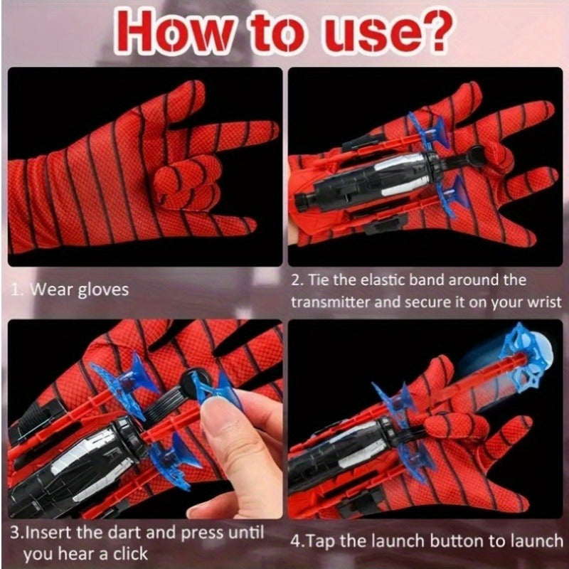 Red Child Toy Gloves with Soft Bullet Launcher and Spider Web Shooter