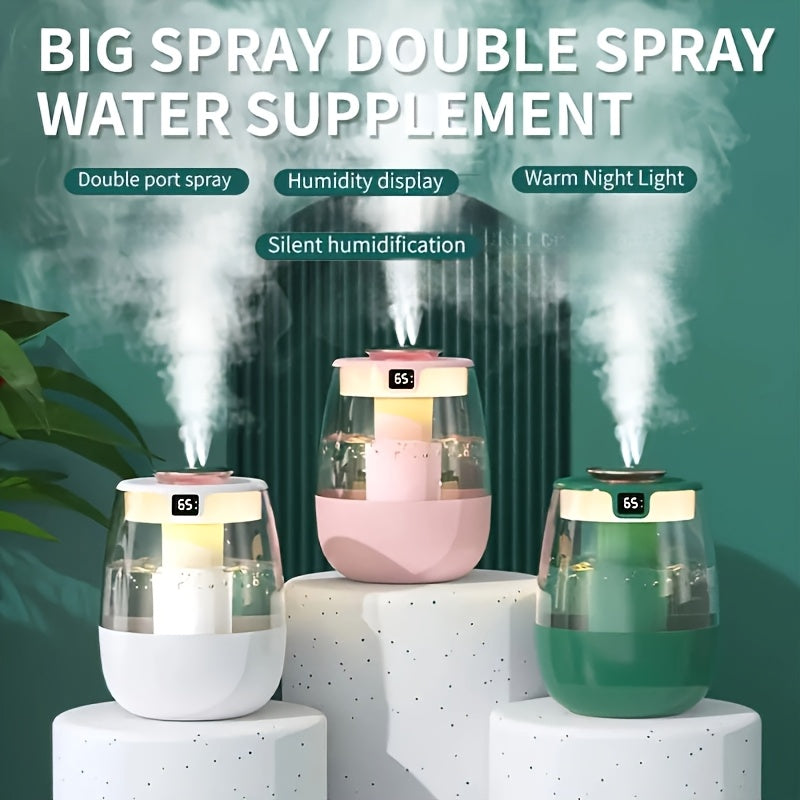 Gran humidificador ultrasónico de aromaterapia con alimentación USB, operación silenciosa, doble modo de pulverización, pantalla de humedad, luz nocturna cálida para hogar y oficina