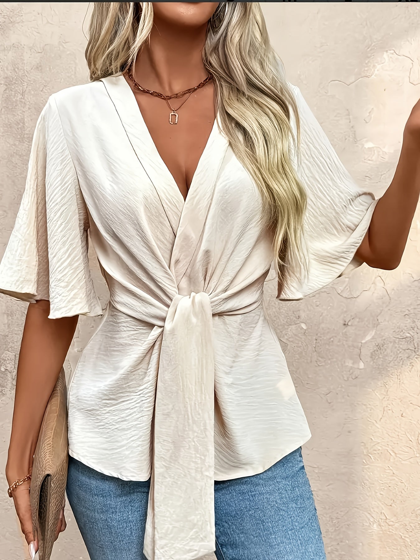 Plus Size V-Neck Blouse with Ruffle Sleeves Tie-Waist Teal Summer Casual