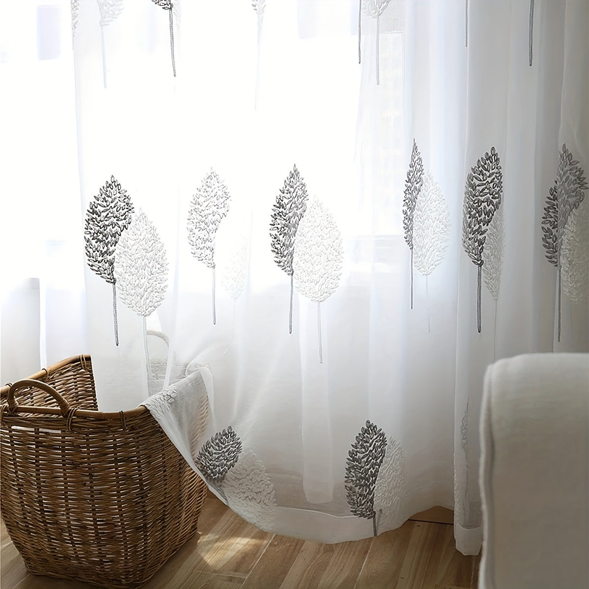Sheer Leaf Embroidered Curtain with Rod Pocket for Living Room or Bedroom