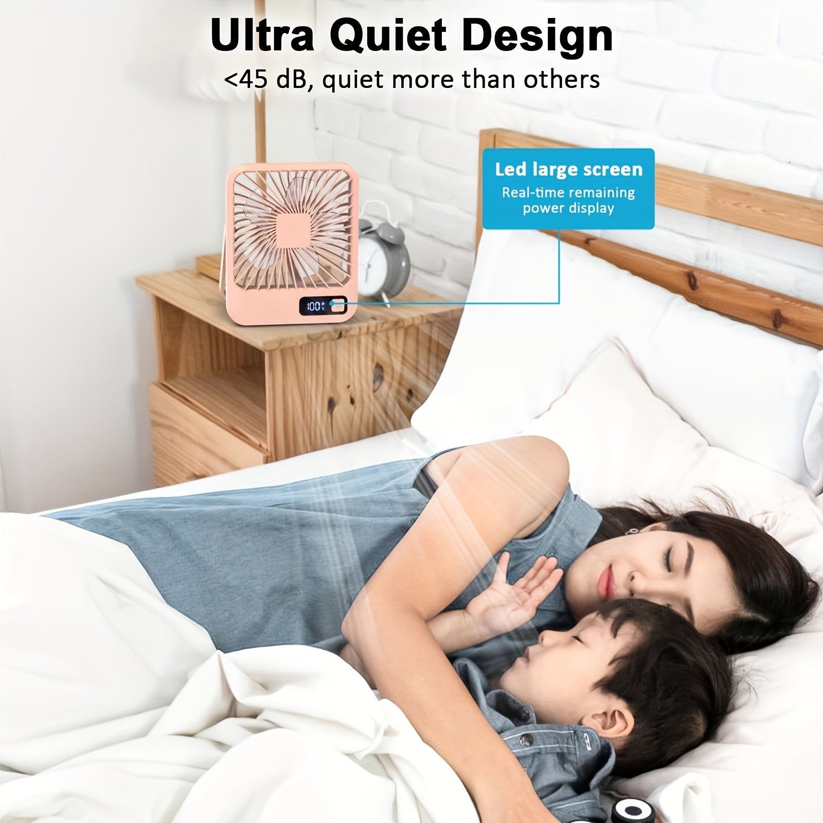 Portable USB Rechargeable Desk Fan with Digital Display, 5-Speed, 180° Tilt