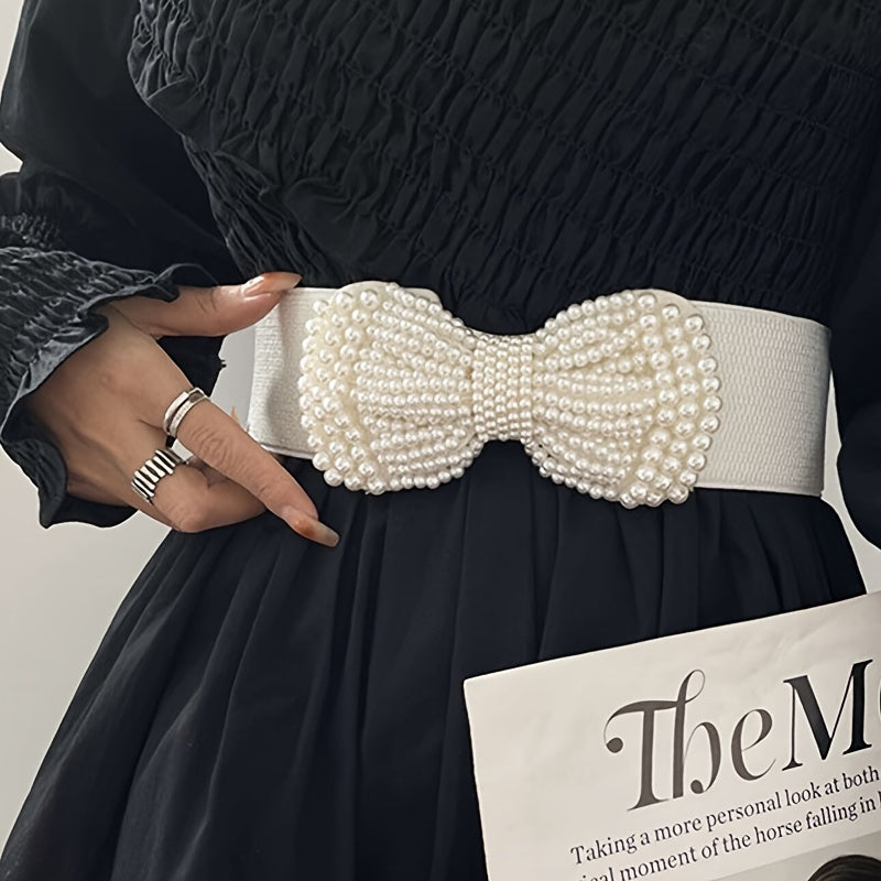 Wide Belt with Faux Pearl Bowknot Elastic Waistband for Women