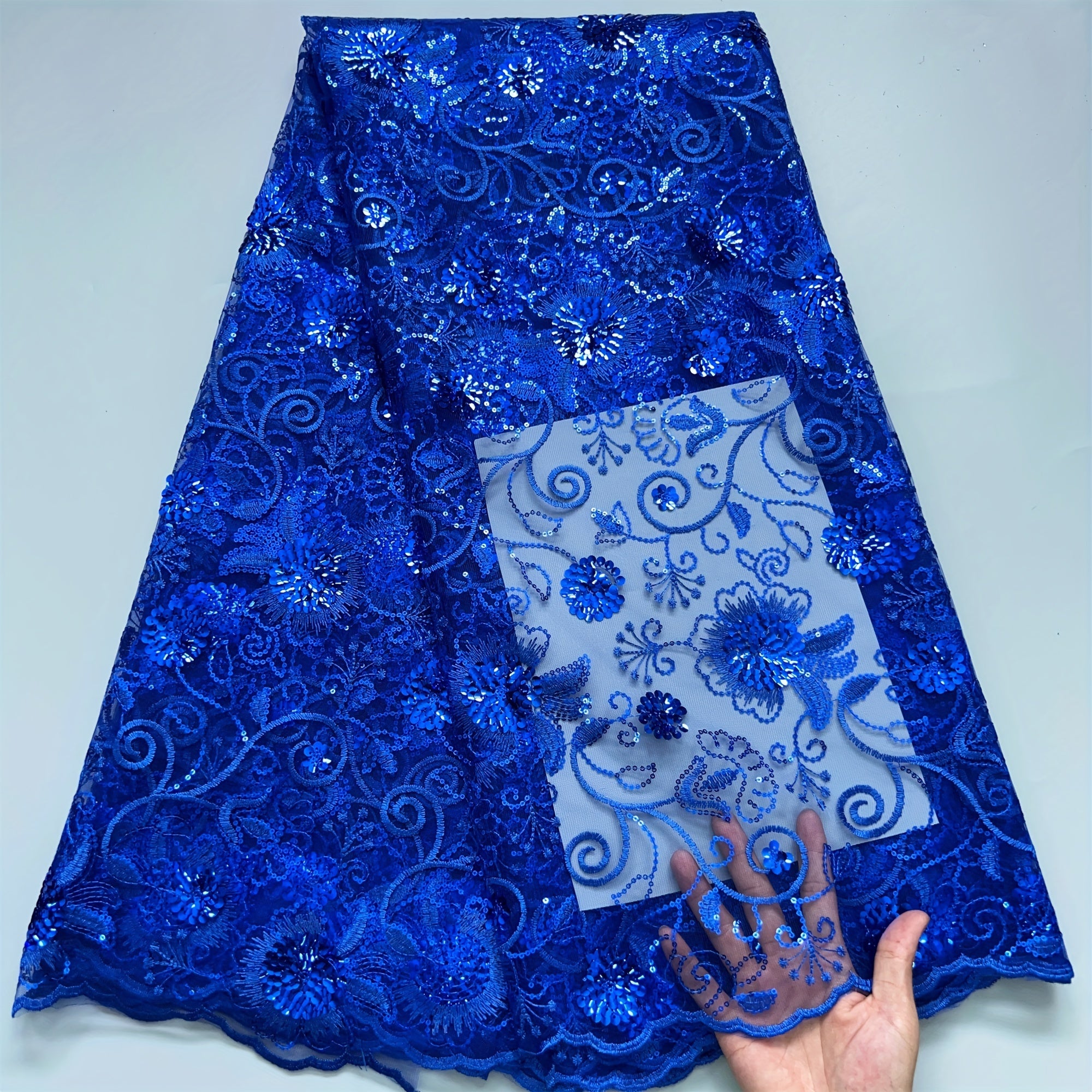 Floral Sequin Tulle Lace Fabric 4.57 Meters for Bridal Gowns Polyester Hand Wash