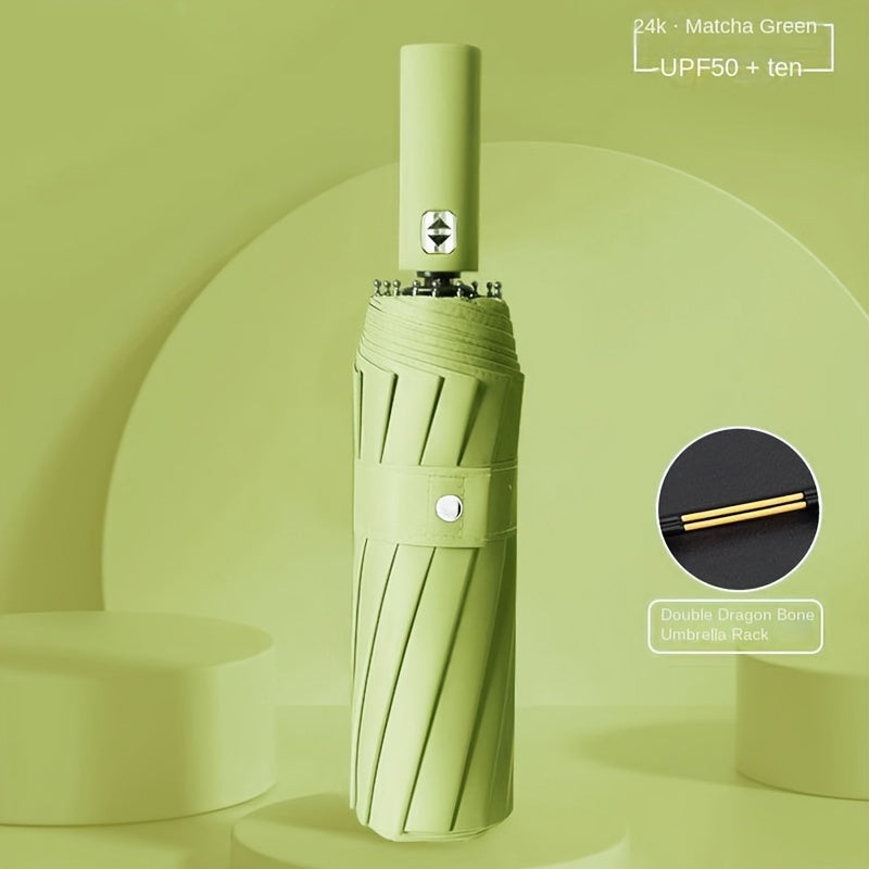 24-Rib Folding Umbrella UV Protection Windproof Waterproof Black Vinyl All Weather