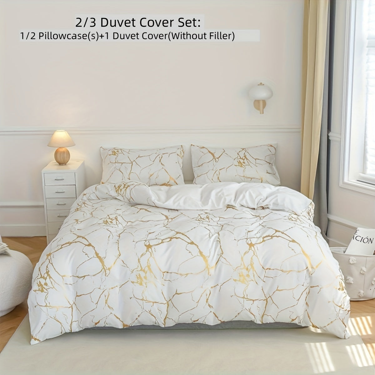 White Marble Pattern Quilt Cover Set with Gold Foil Print 2/3 Pieces Bedding