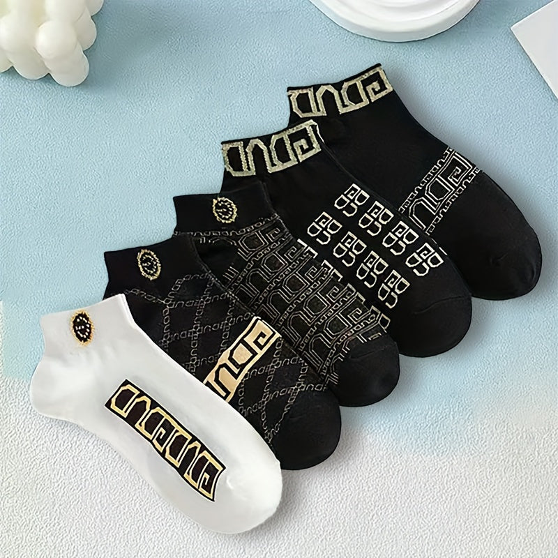 Juego de 5 calcetines de barco estampados para hombre primavera verano transpirable de punto de poliéster