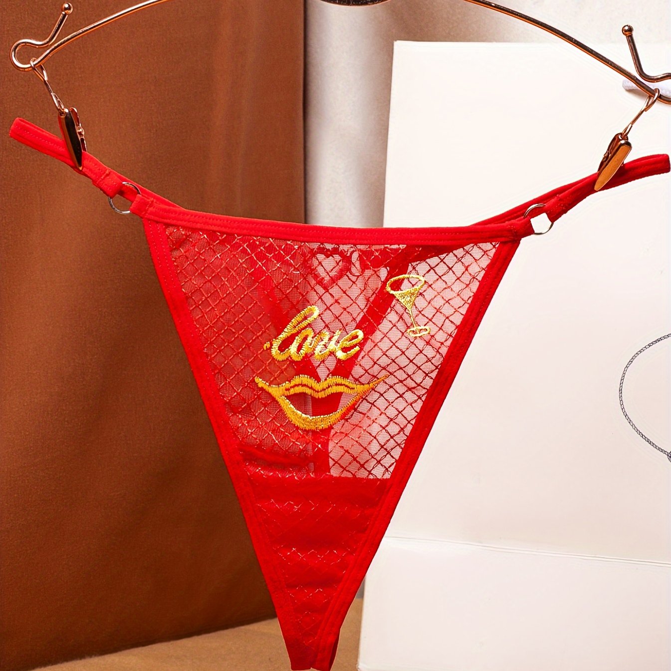 Women’s Mesh Plaid Thong Panties with Love Heart Embroidery and Rhinestones