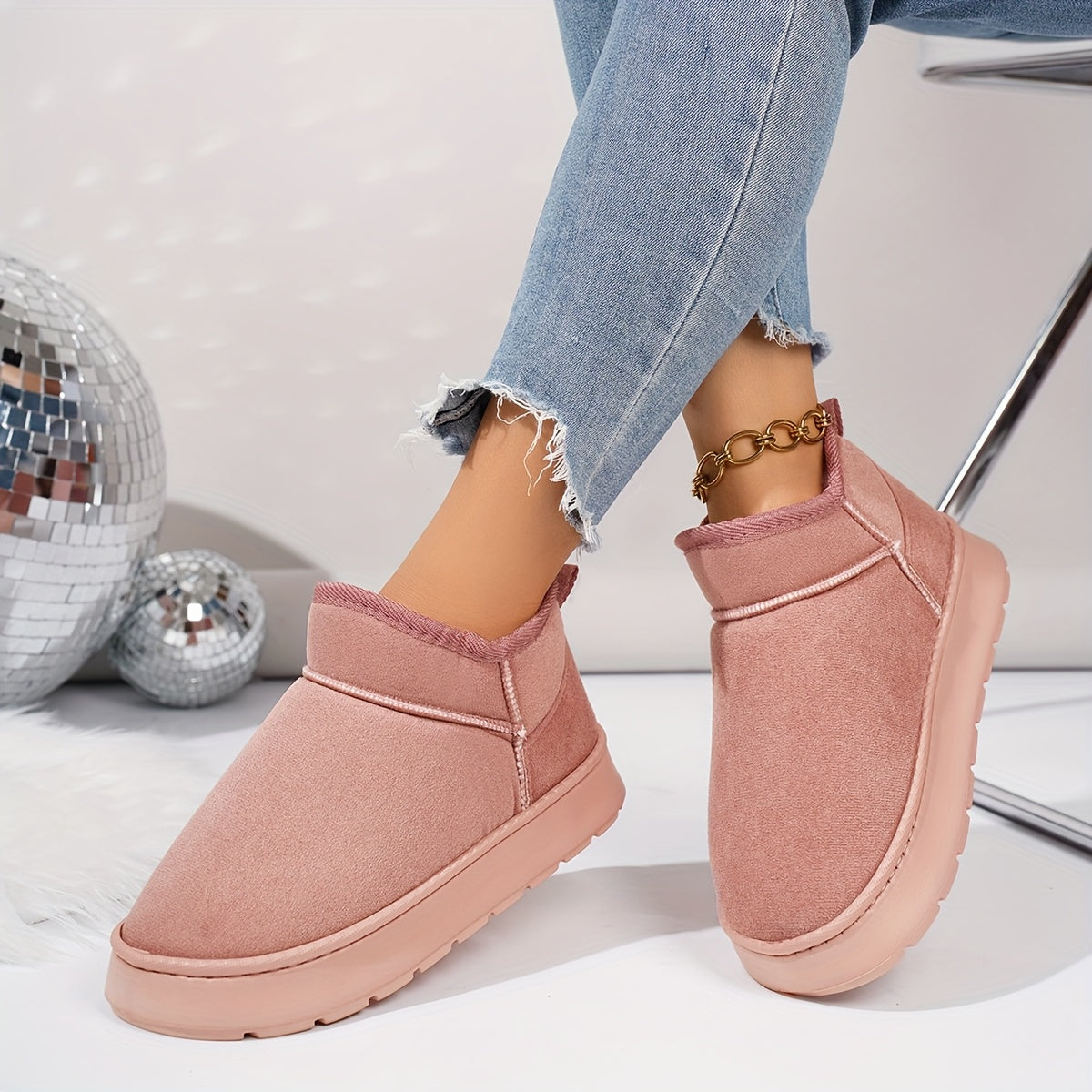 Women's Fleece Slippers with Gold Chain Ankle Strap, Non-Slip Sole, Plush Lining