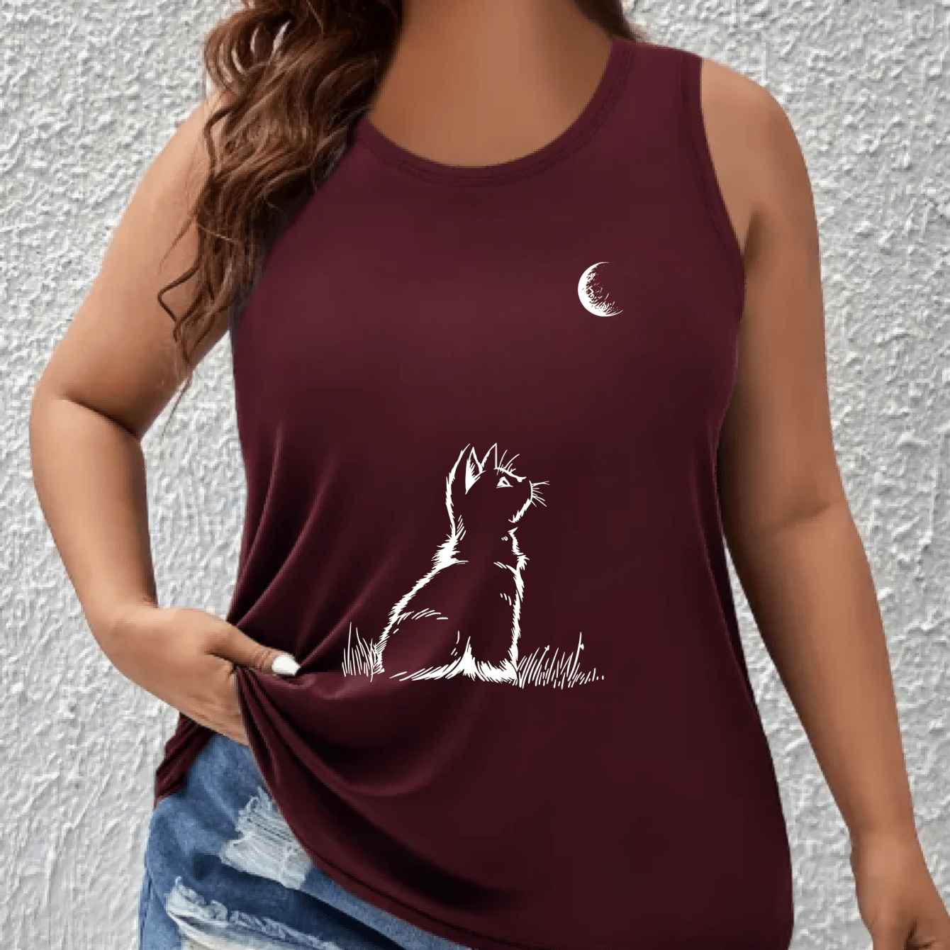 Women's Plus Size Sleeveless Tank Top with Cartoon Cat and Moon Print