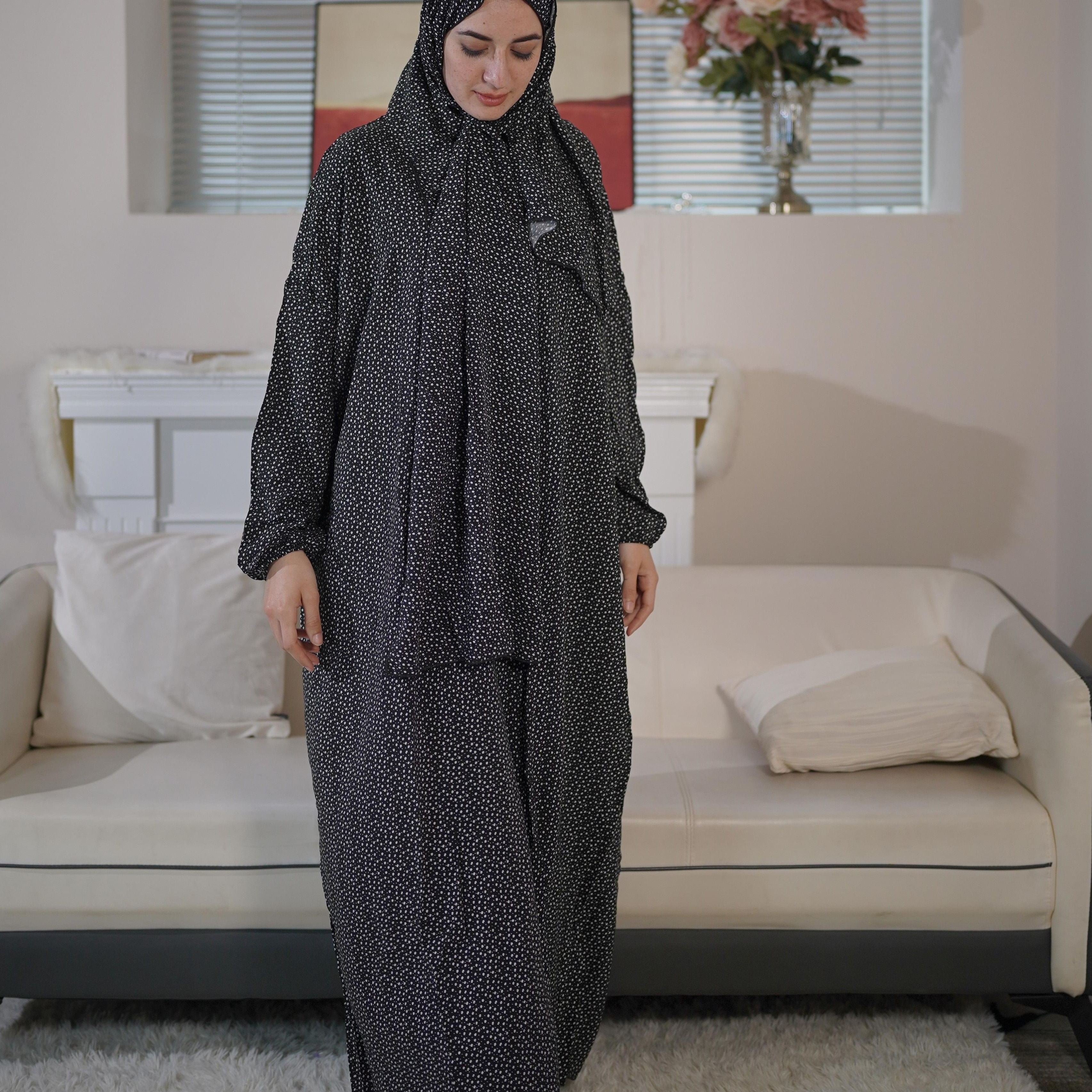 Plus Size Floral Print Modest Dress with Hijab Rayon Machine Washable