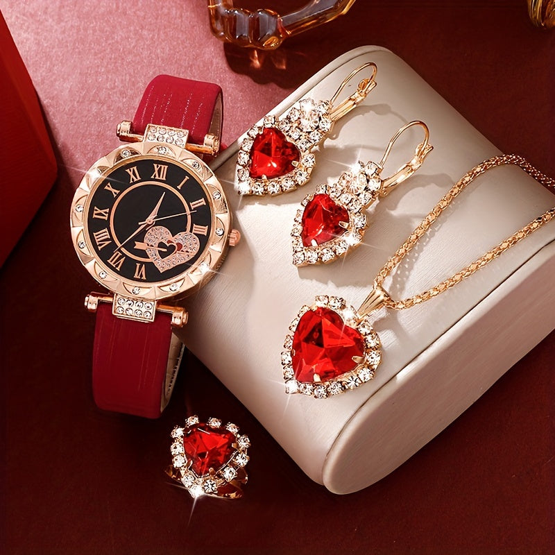 5 ta ayollar uchun romantik rhinestone yurak soatlari to'plami, kvarts mexanizmi va PU charm bandlari bilan