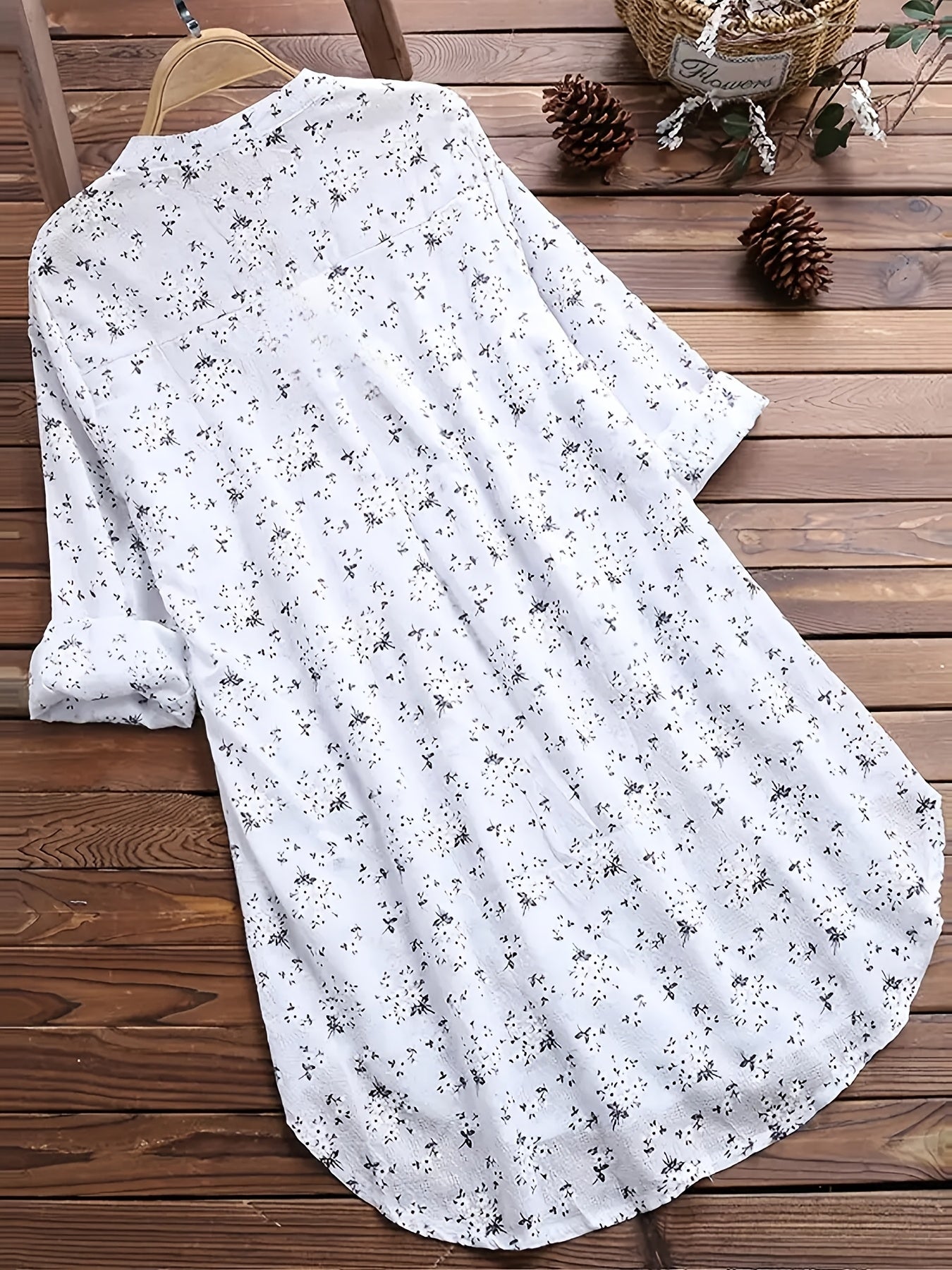 Plus Size Floral Print Blouse Long Sleeve Button-Up Stand Collar Fall Spring