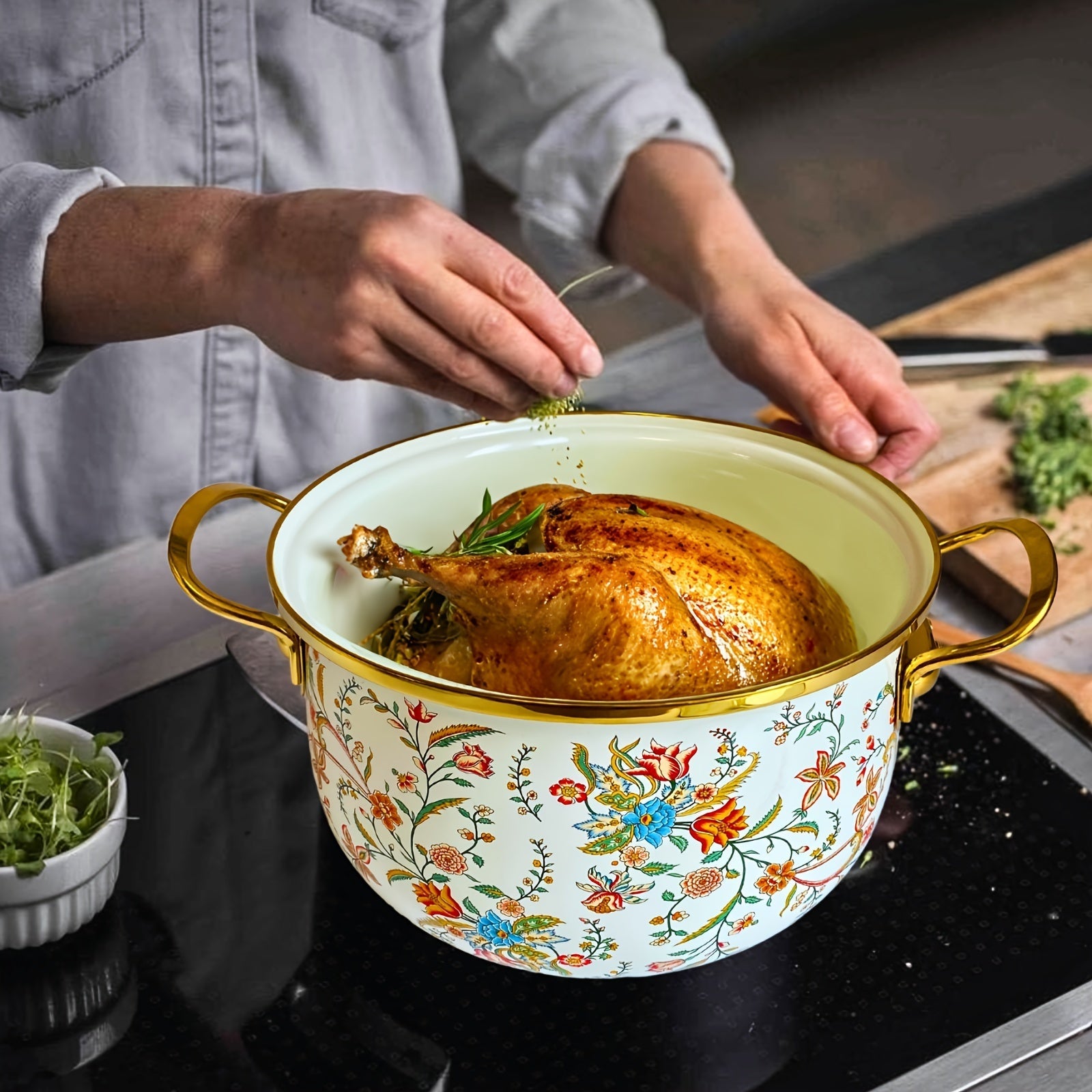 European Style Enameled Pot Set with Floral Design Non-Stick Coating Various Sizes