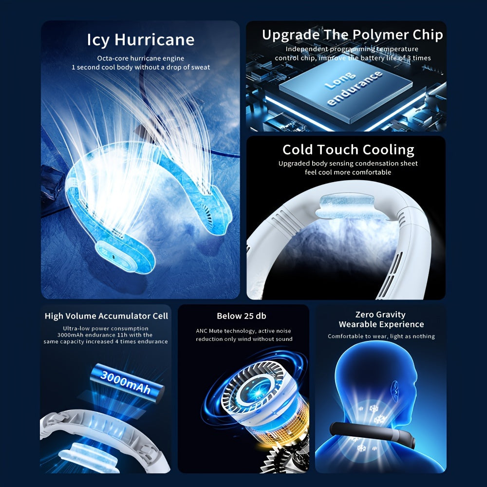 Lightweight White Portable Neck Fan with 3-Speed, Rechargeable Battery