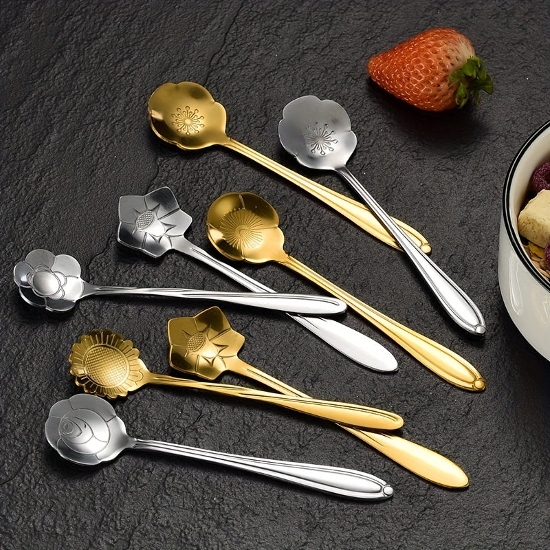 Golden Stainless Steel Coffee and Dessert Spoon Set with Floral and Geometric Designs for Tea and Cake