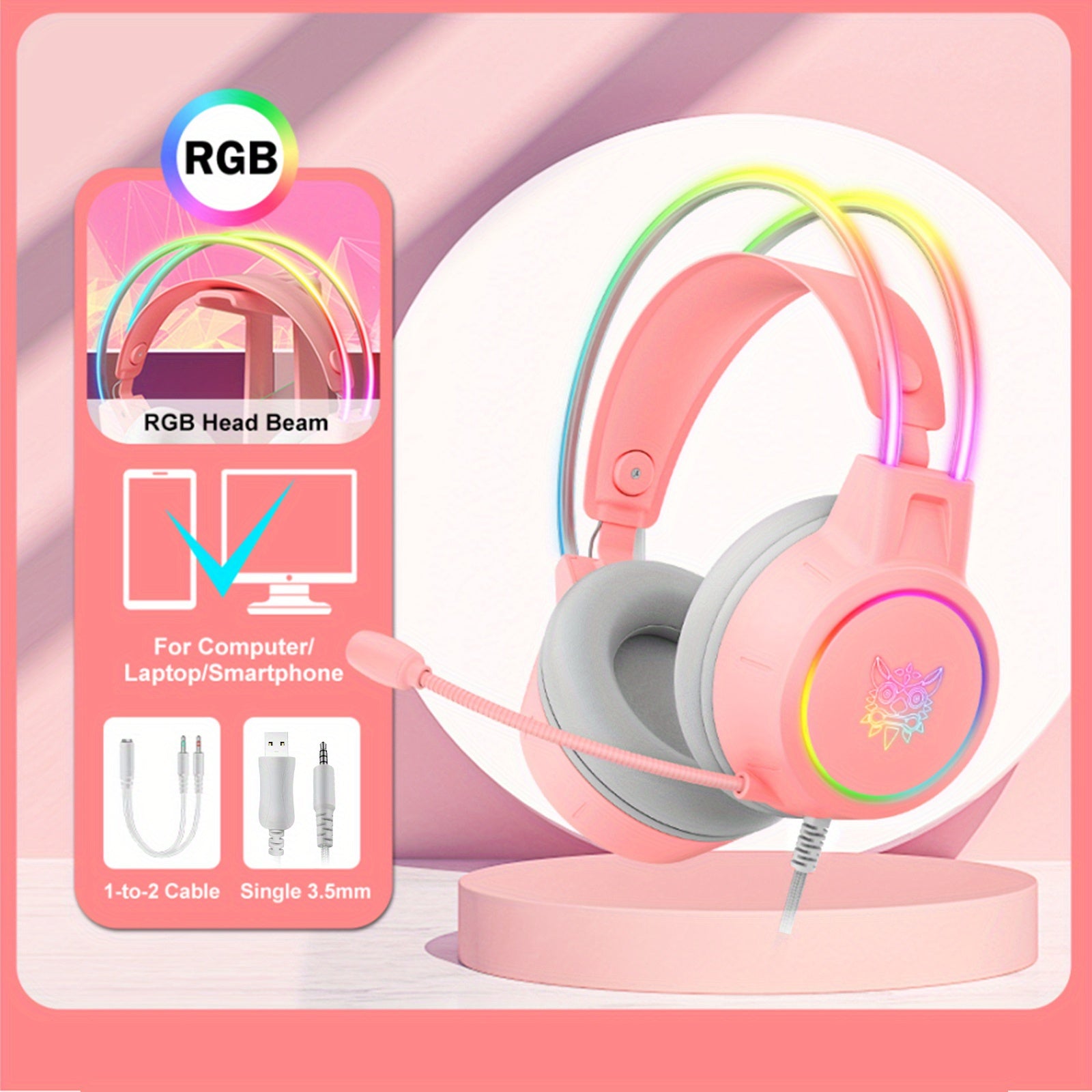 RGB Gaming Headset Noise Cancelling Surround Sound Wired with Detachable Microphone for PC and Laptop