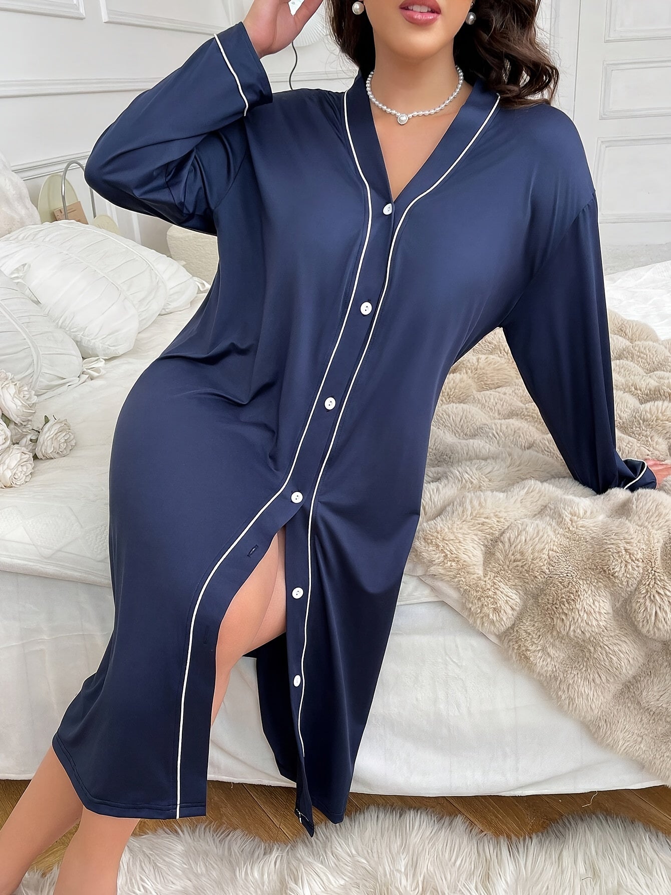 Women's Navy Blue Sleep Dress Soft Stretch Polyester Spandex Lounge Wear