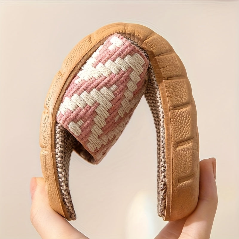 Unisex Linen Slip-On Slippers with Chevron Pattern Non-Slip EVA Sole