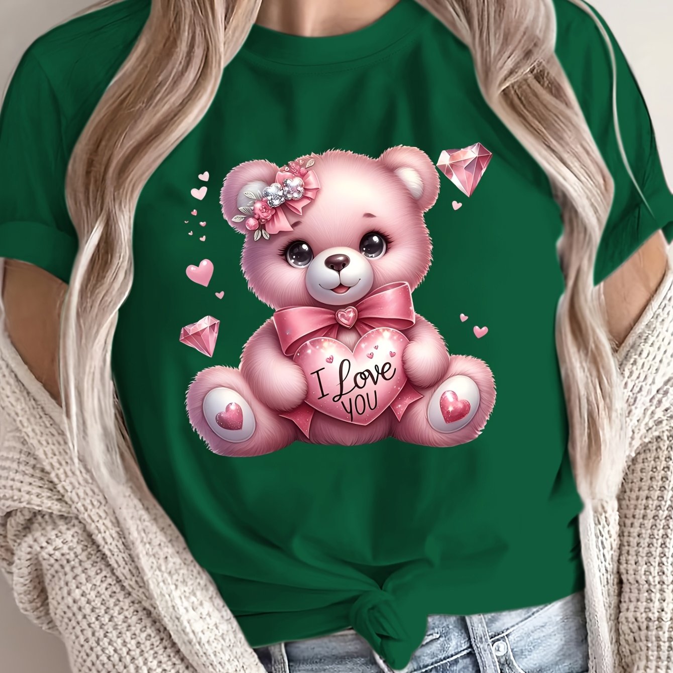 Women's Casual Crew Neck T-Shirt with Cartoon Bear Print Polyester Breathable All-Season