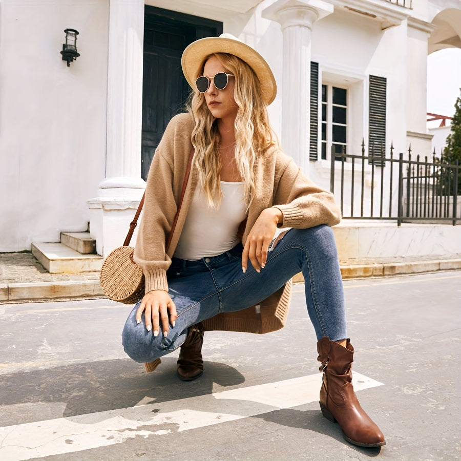 Women's Leather Western Cowboy Boots Pointed Toe Low Heel Side Zipper