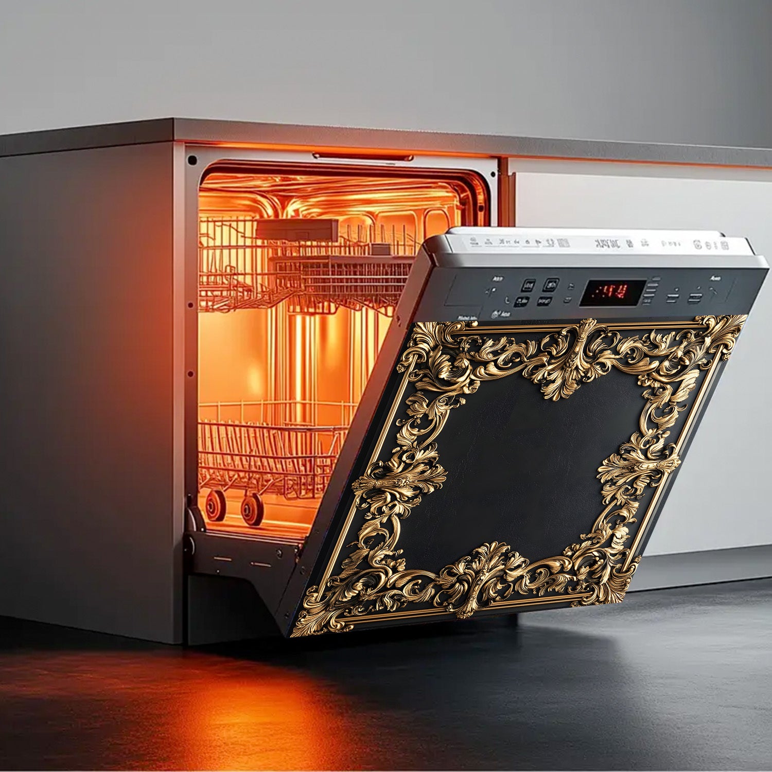 Oltin gul bezakli idish-tovoq mashinasi magnit qopqog'i, suv o'tkazmaydigan, issiqlikka chidamli metall panel dekor