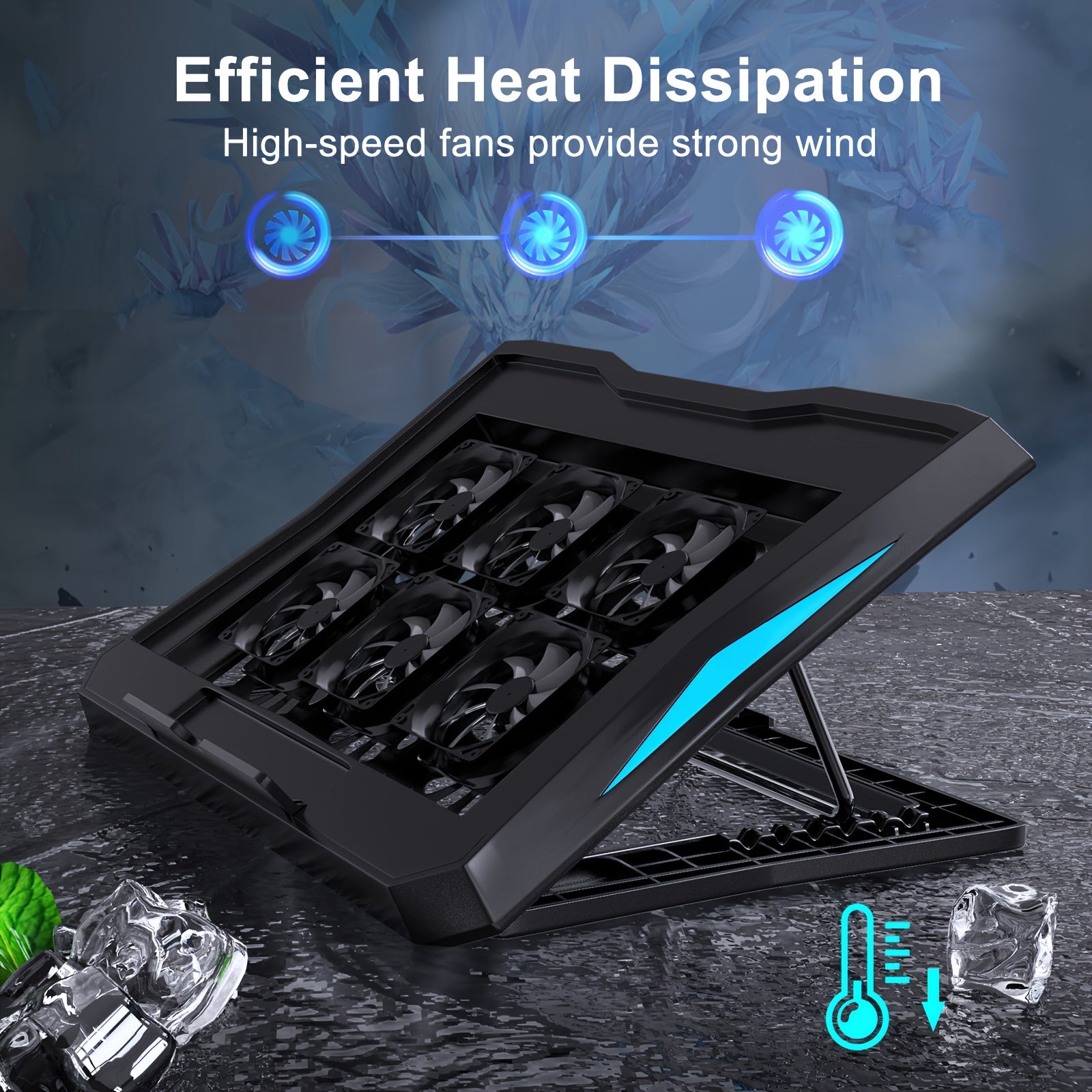 Laptop Cooling Stand with 6 Fans Adjustable Height LED Light USB Ports for 22.86-39.62 cm Laptops