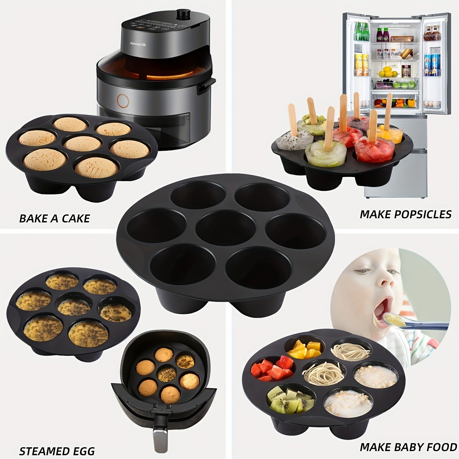 7-Cup Silicone Muffin Mold Nonstick Round Cupcake Pan for Air Fryer Microwave Oven