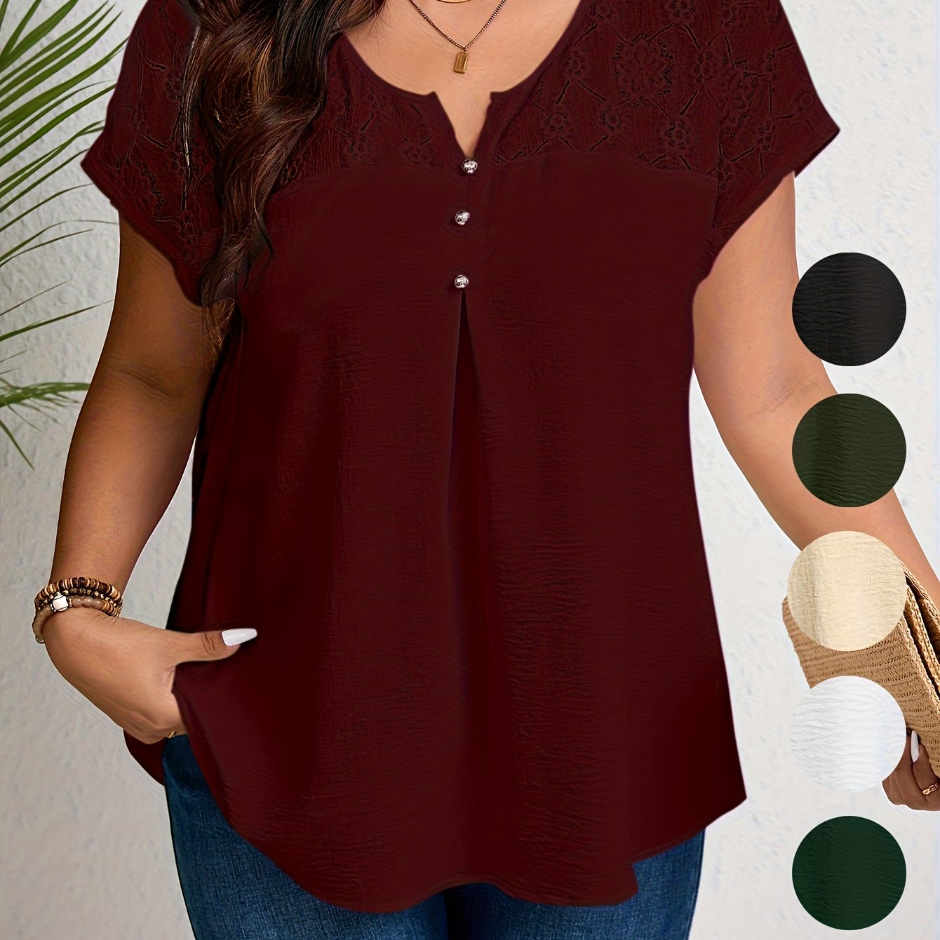 Plus Size Casual V-Neck Short Sleeve Top with Mesh Paneling for Outings