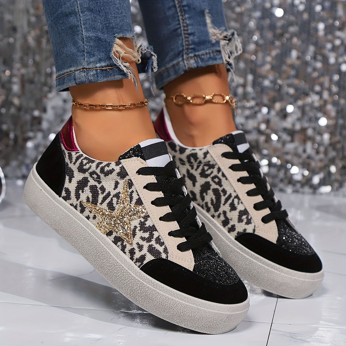 Women's Leopard Print Star Sneakers Casual Lace-Up Low Top Shoes