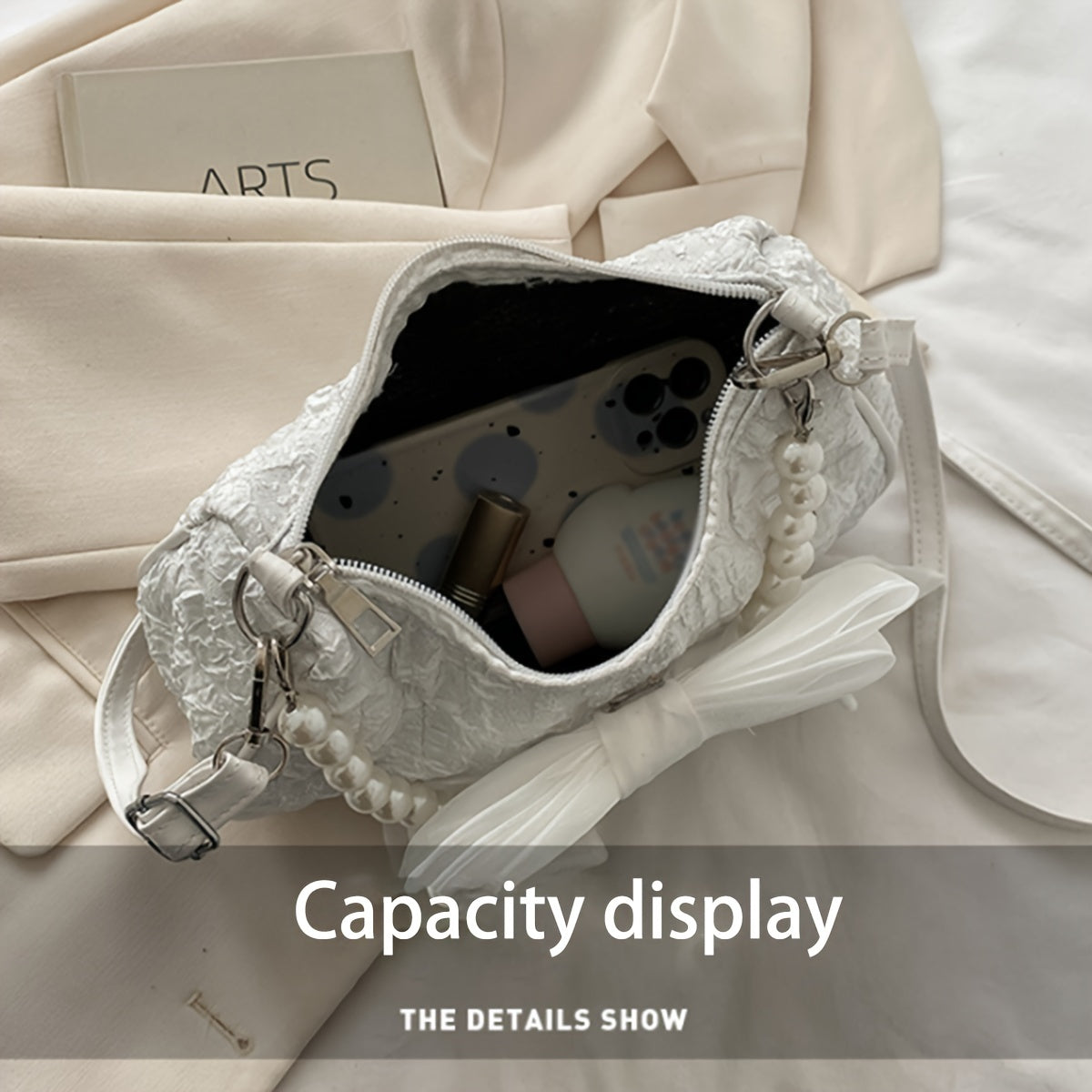 Белая плиссированная ретро-сумка с бантом и перламутровой ручкой, новая модная перламутровая сумка через плечо.