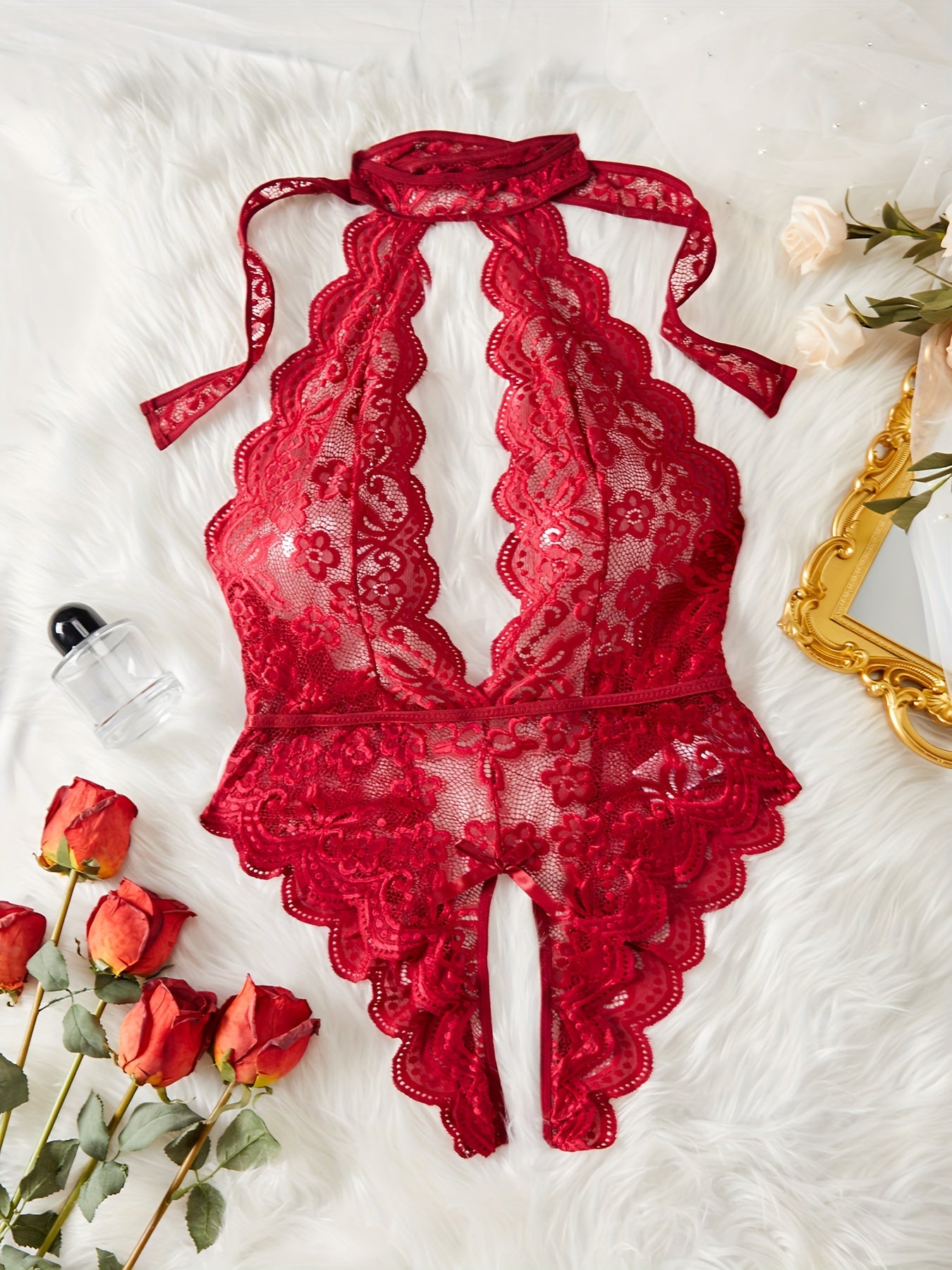 Women's Lingerie Lacy Halter Teddy Backless Bodysuit Sexy Nightwear