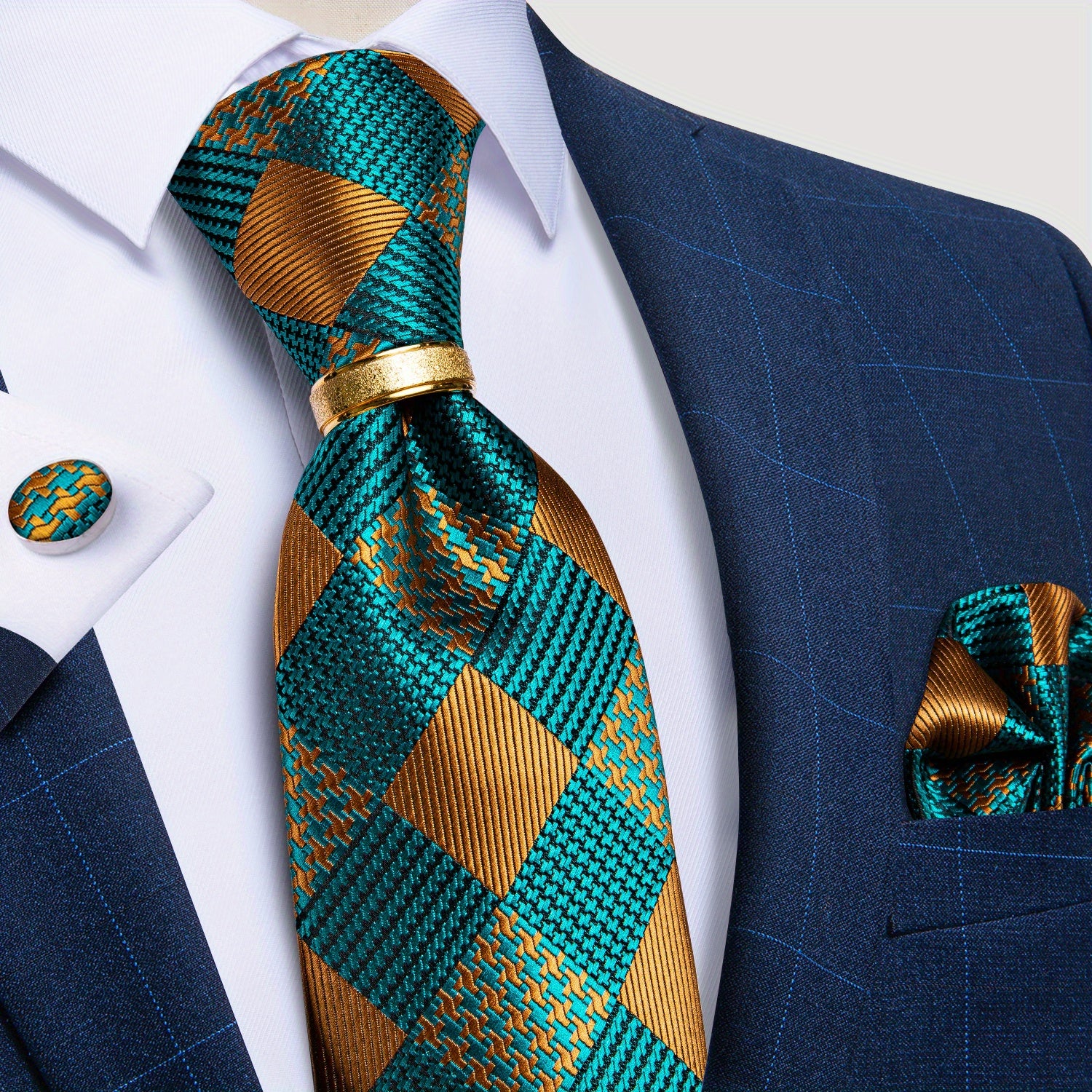 Men's Tie Set with Paisley Plaid and Striped Designs Including Pocket Square Cufflinks Ring