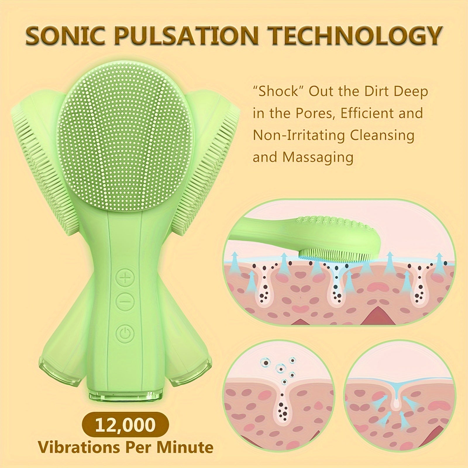 Facial Cleansing Brush USB Rechargeable 6 Modes 16 Intensities Deep Pore Cleaning Green