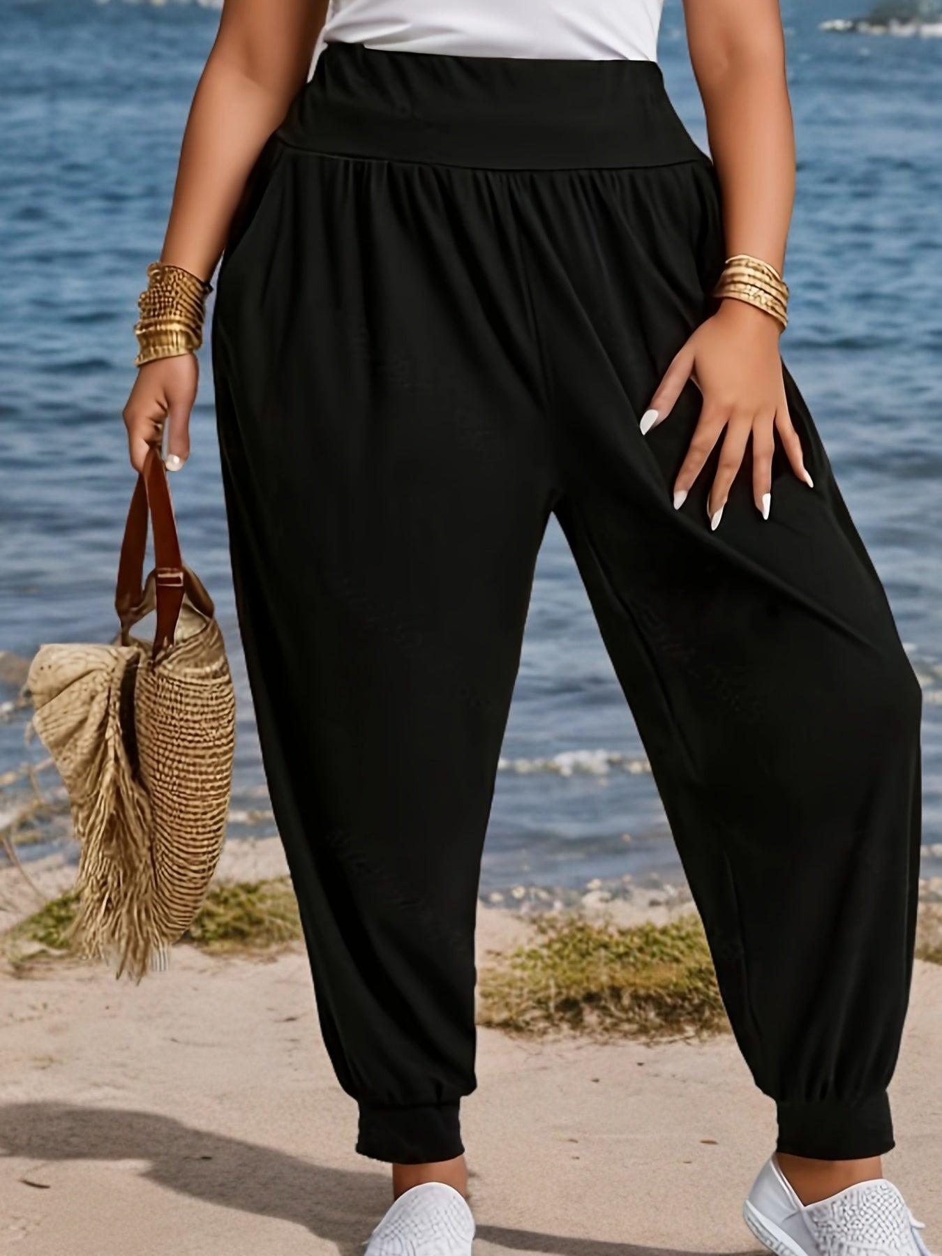 Women Tapered Pants Polyester Solid Color Comfortable Knit Fabric