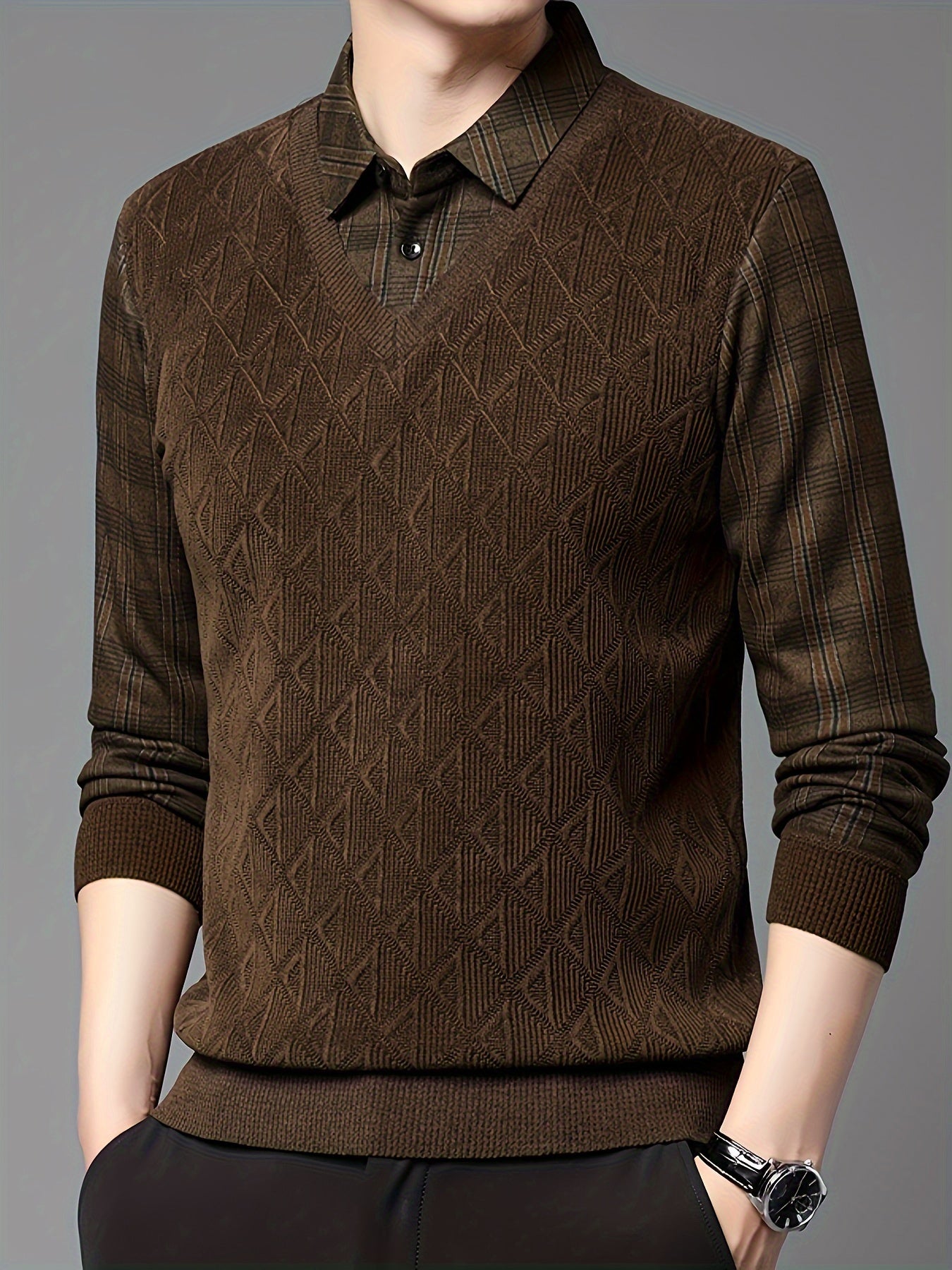 Sudadera de invierno para hombre con cuello forrado de terciopelo, tela de punto a rayas, camiseta casual de manga larga