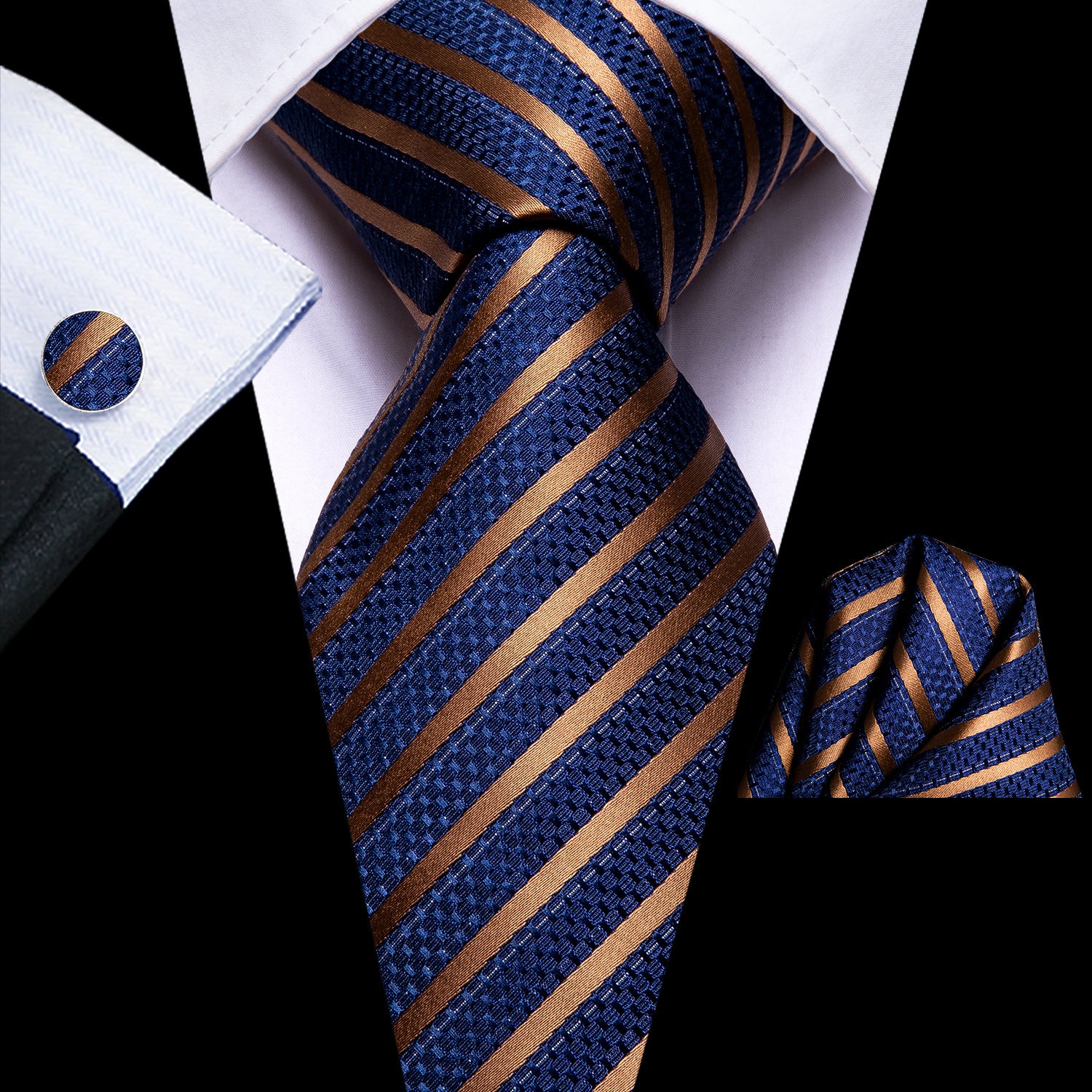 Striped Necktie Set with Cufflinks for Business, Parties, Weddings