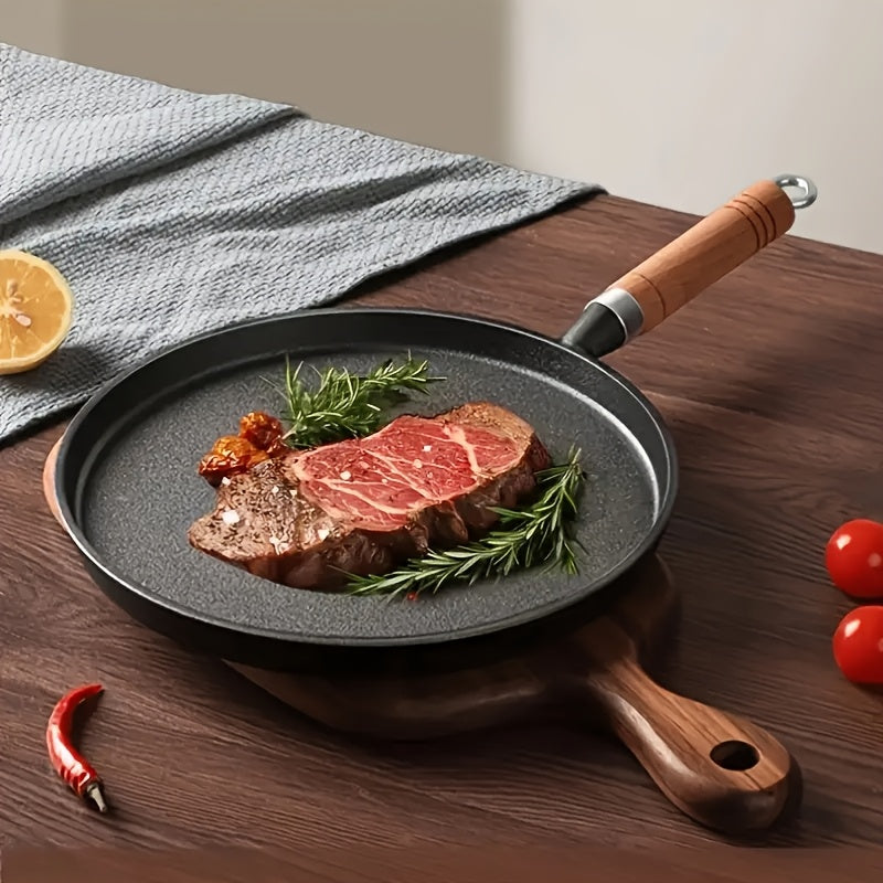 Cast Iron Non-Stick Frying Pan with Wooden Handle and Omelette Roll Maker