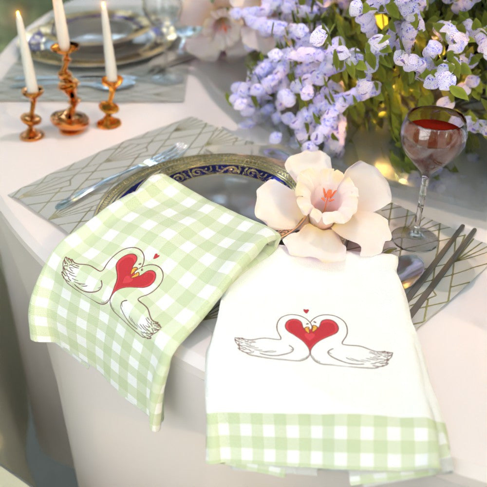 Valentine's Day Kitchen Towels Set 2 Pieces Heart Swans Design Quick-Dry Polyester