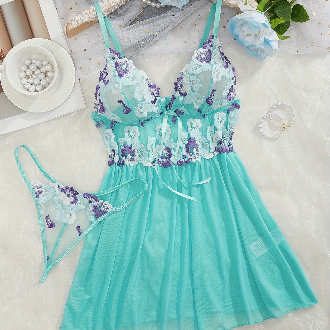 Women's Lingerie Set Embroidered Flower Pattern Babydoll and Slip Dress