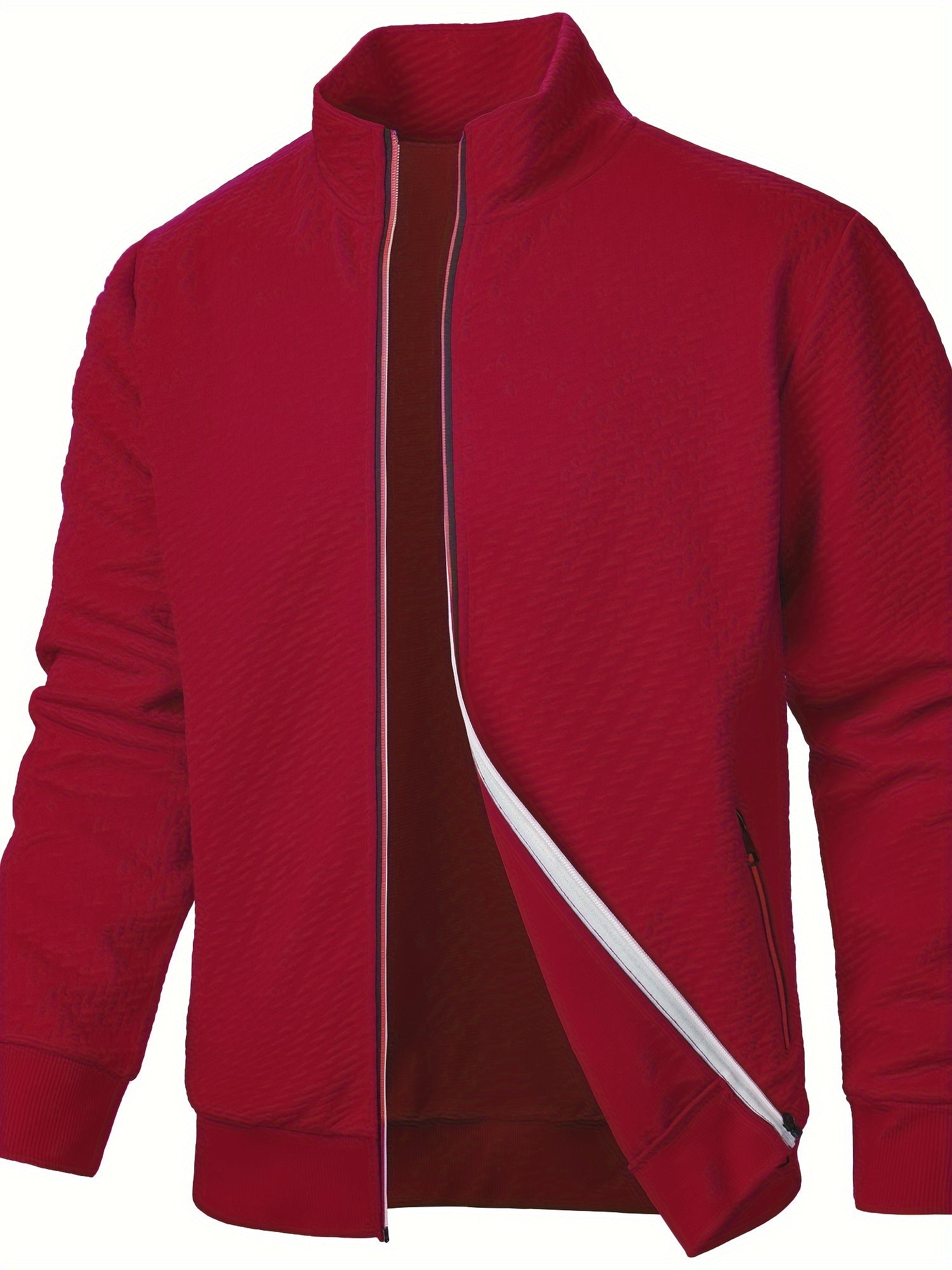 Men's Polyester Jacquard Zip Up Jacket with Stand Collar and Hoodie for Spring Fall Winter