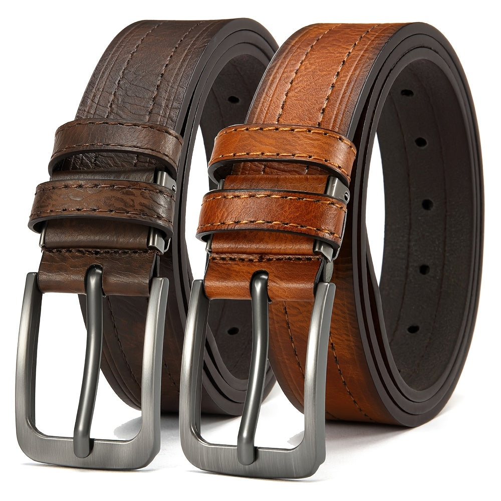Men's Genuine Leather Belts Adjustable 3.17cm Width Square Buckle for Jeans Dress Pants Black Brown Set