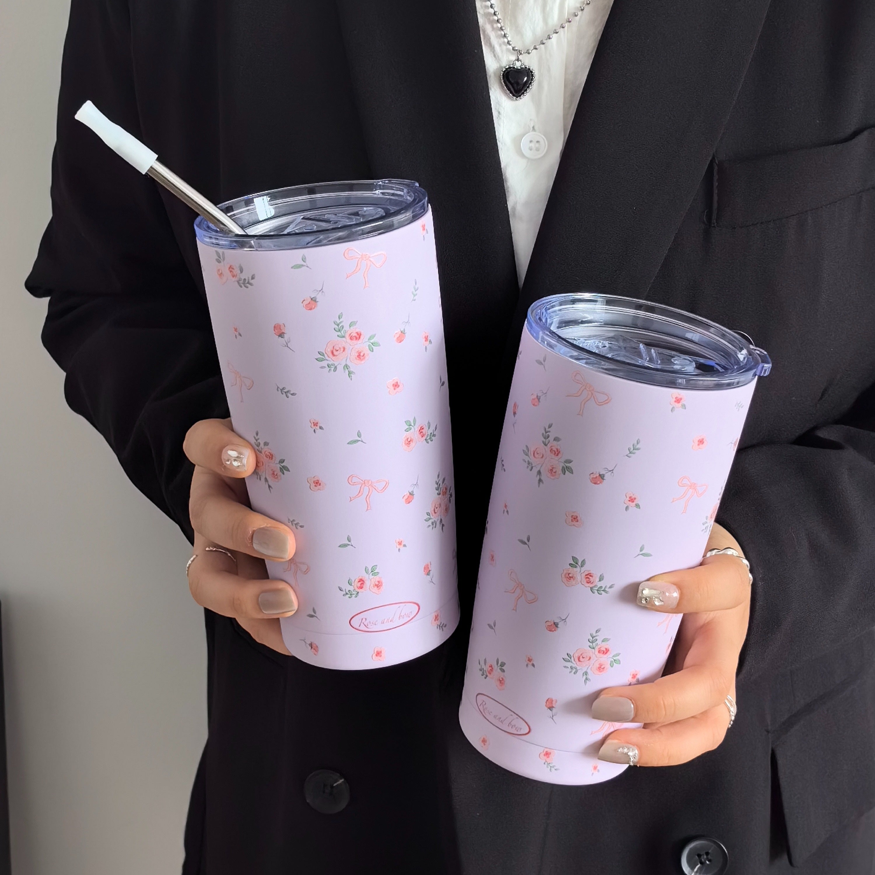 Insulated Stainless Steel Travel Mug with Rose Floral Butterfly Design Double Wall Hot Cold Beverage Tumbler