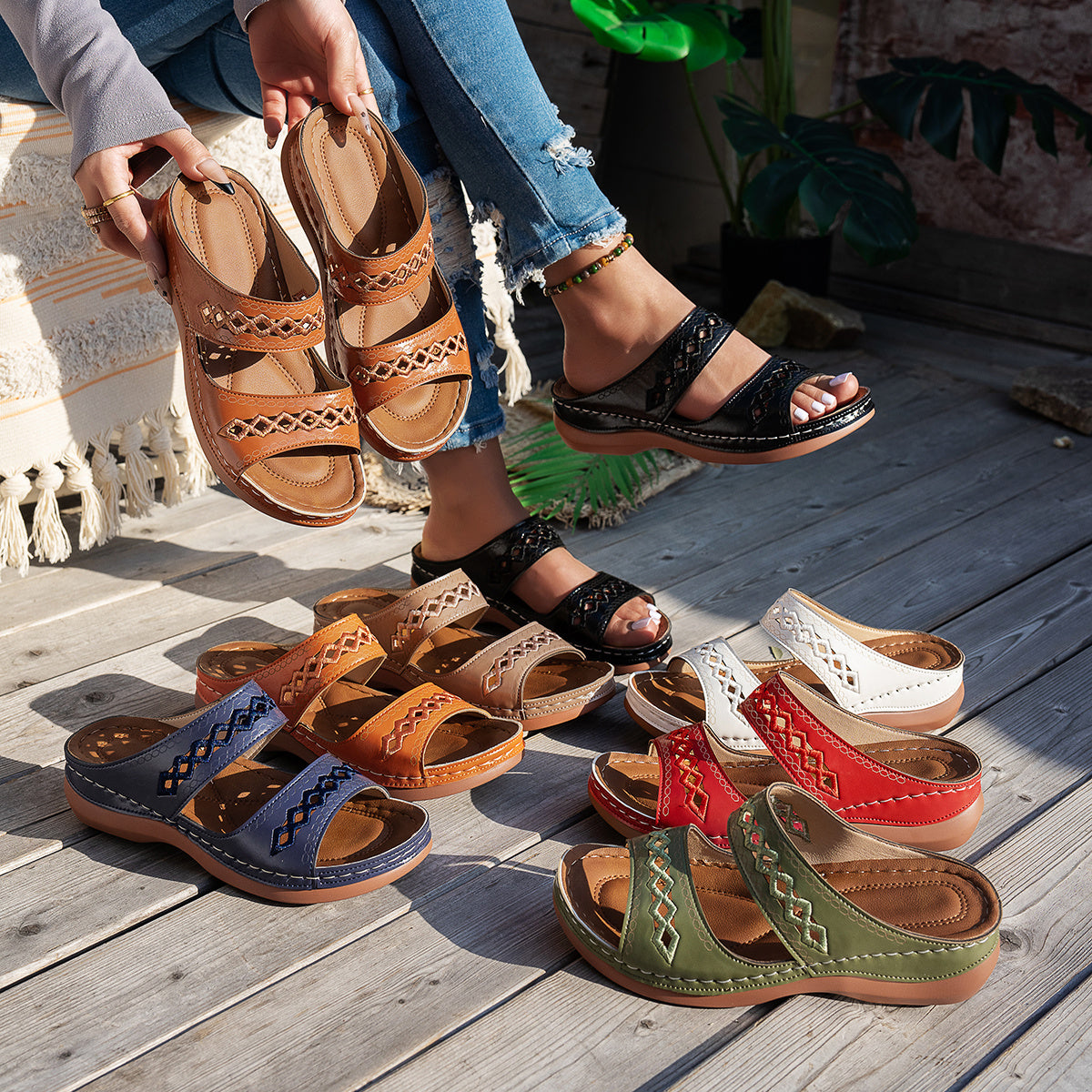 Women's Wedge Sandals Hollow-Out Slip-On Open Toe Synthetic Cover Multiple Colors