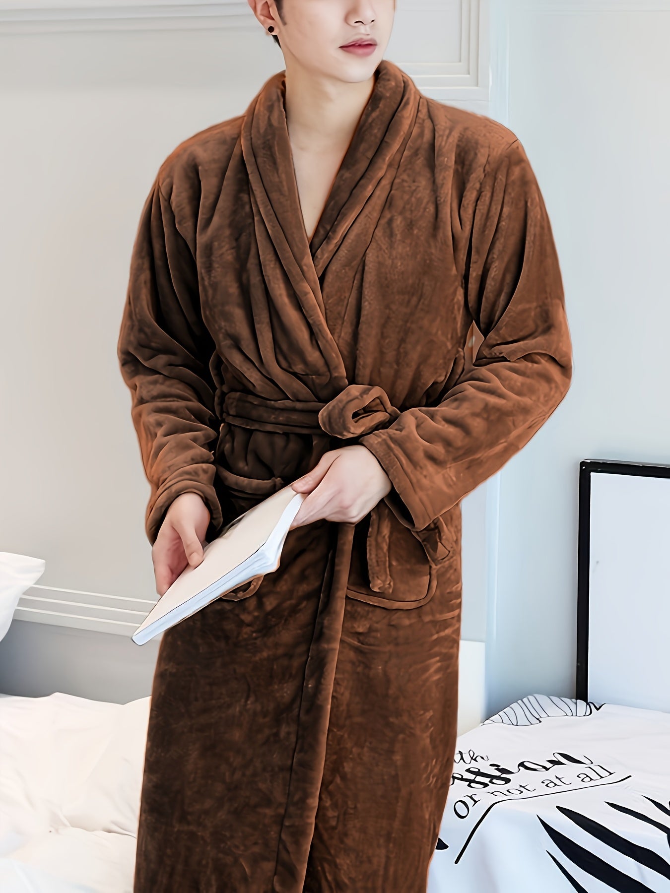Luxurious Plush Fleece Bathrobe for Women Fall Winter Long Sleeve V-Neck Tie Belt